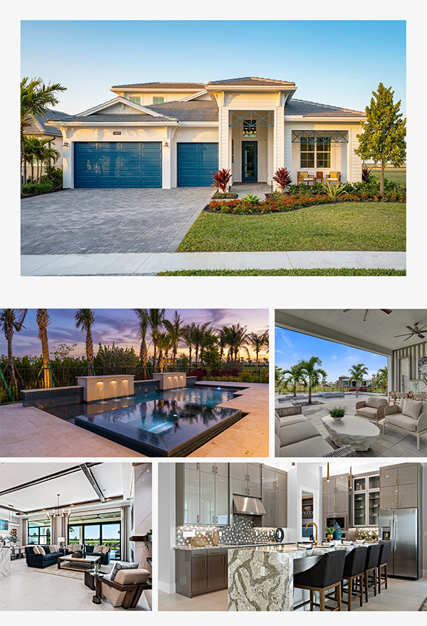 Collage of a luxury home exterior, interior living spaces, and outdoor entertaining areas.